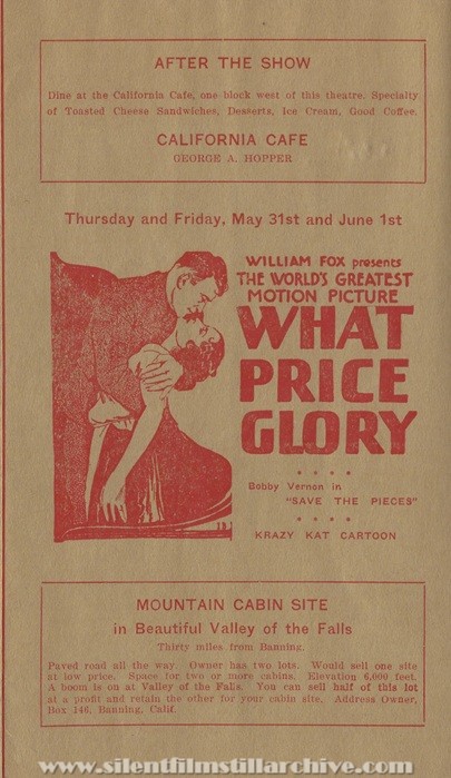 Banning, California, Banning Theatre program for May 26th, 1928 showing WHAT PRICE GLORY (1927) with Victor McLaglen
