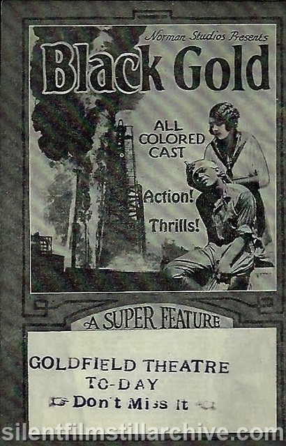 Advertising herald BLACK GOLD (1928) with Laurence Crier and Kathryn Boyd, showing at the Goldfield Theatre in Baltimore, Maryland
