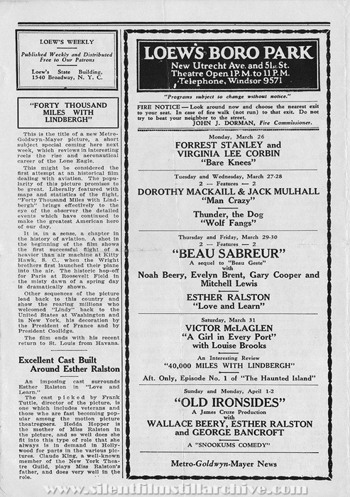 Brooklyn, New York, Loew's Boro Park Theatre program for March 26th, 1928