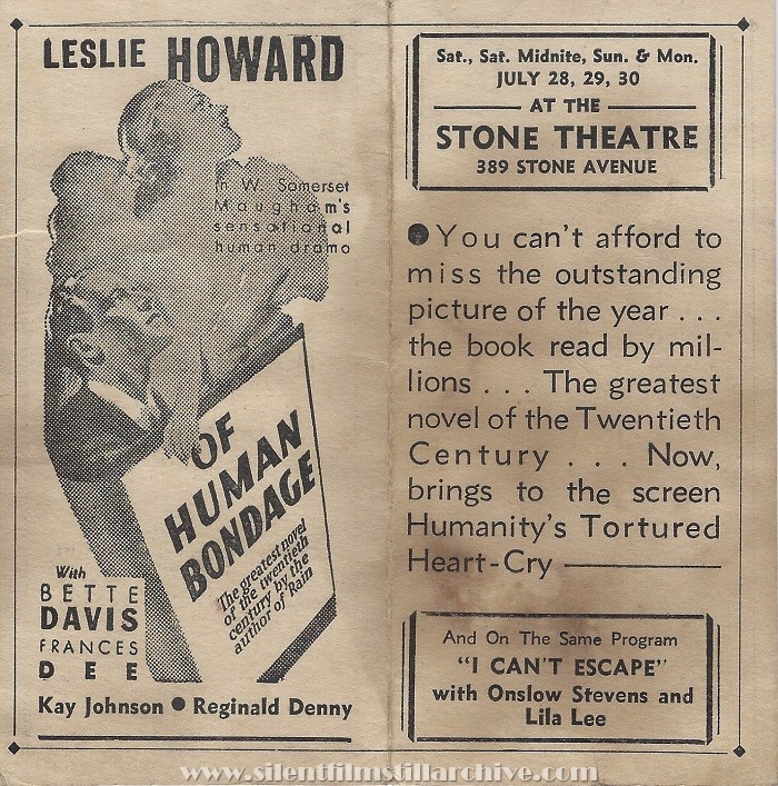 Stone Theatre program, July 28, 1934, Brooklyn, New York, featuring OF HUMAN BONDAGE (1934) with Leslie Howard