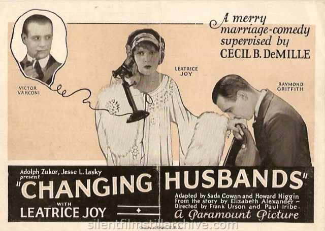 Victor Varconi, Leatrice Joy and Raymond Griffith in CHANGING HUSBANDS (1924) movie herald