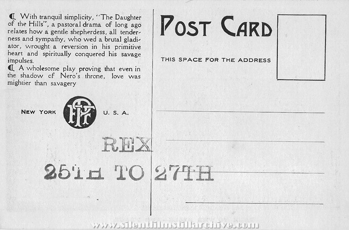 Postcard for THE DAUGHTER OF THE HILLS (1913) with Laura Sawyer