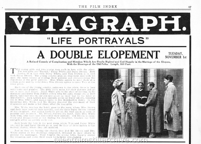 Film Index, November 5, 1910 synopsis of A DOUBLE ELOPEMENT (1910)