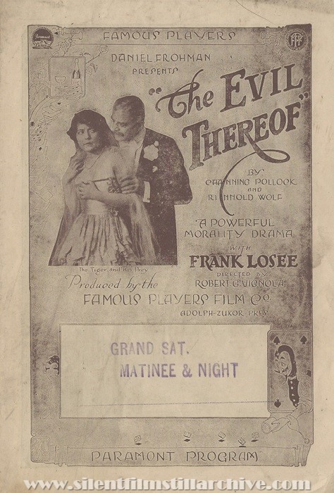 Herald for THE EVIL THEREOF (1916) with Frank Losee and Grace Valentine