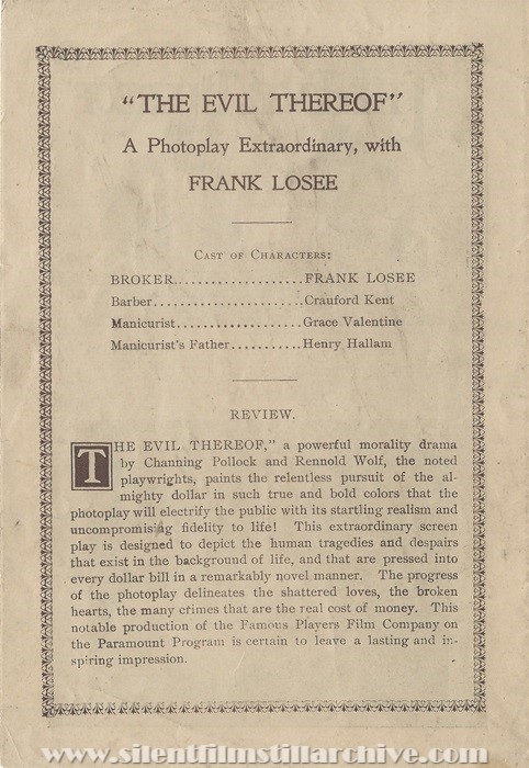 Herald for THE EVIL THEREOF (1916) with Frank Losee and Grace Valentine