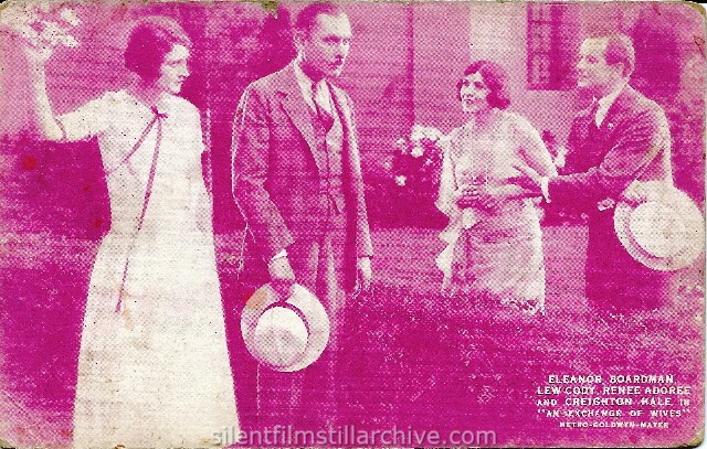 Eleanor Boardman, Lew Cody, Rene Adore and Creighton Hale in AN EXCHANGE OF WIVES (1925) postcard