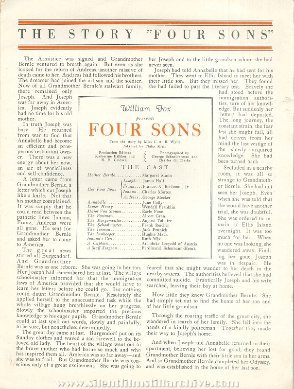 Movie program for FOUR SONS (1928) with Margaret Mann, James Hall, and June Collyer