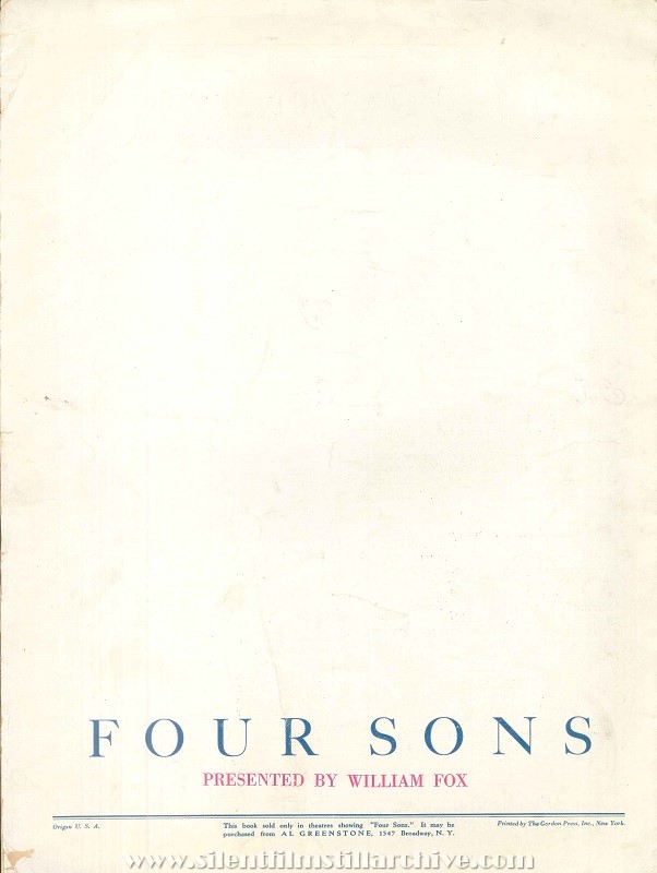 Movie program for FOUR SONS (1928) with Margaret Mann, James Hall, and June Collyer