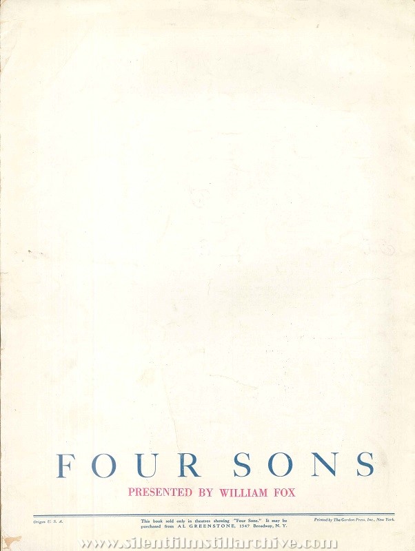 Movie program for FOUR SONS (1928) with Margaret Mann, James Hall, and June Collyer