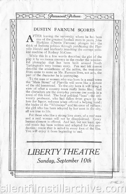 Dustin Farnum in THE GENTLEMAN FROM INDIANA (1915) movie herald from the Liberty Theatre