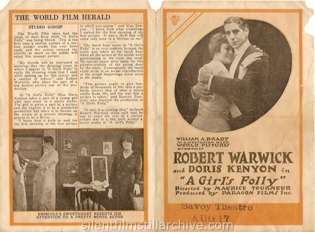Herald for A GIRL'S FOLLY (1917) with Robert Warwick and Doris Kenyon