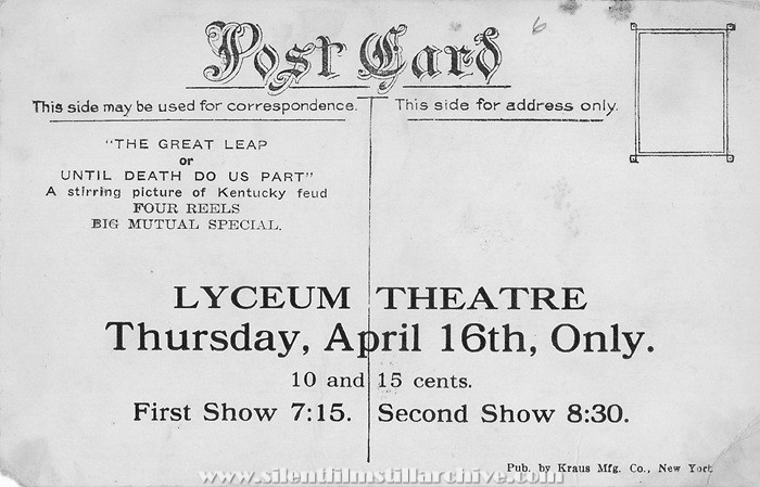 Postcard for THE GREAT LEAP; OR UNTIL DEATH DO US PART (1914) with Mae Marsh and Robert Harron
