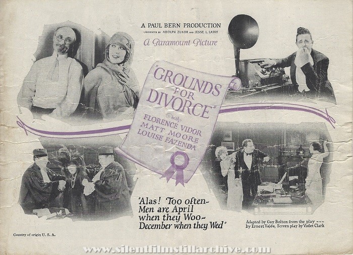 Herald for GROUNDS FOR DIVORCE (1925) with Florence Vidor, Matt Moore, and Louise Fazenda