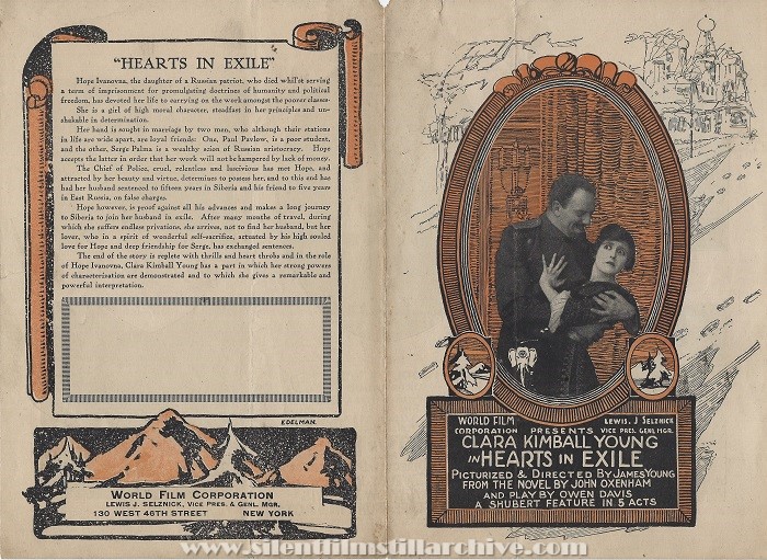 Advertising herald for HEARTS IN EXILE (1915) with Clara Kimball Young and Montague Love