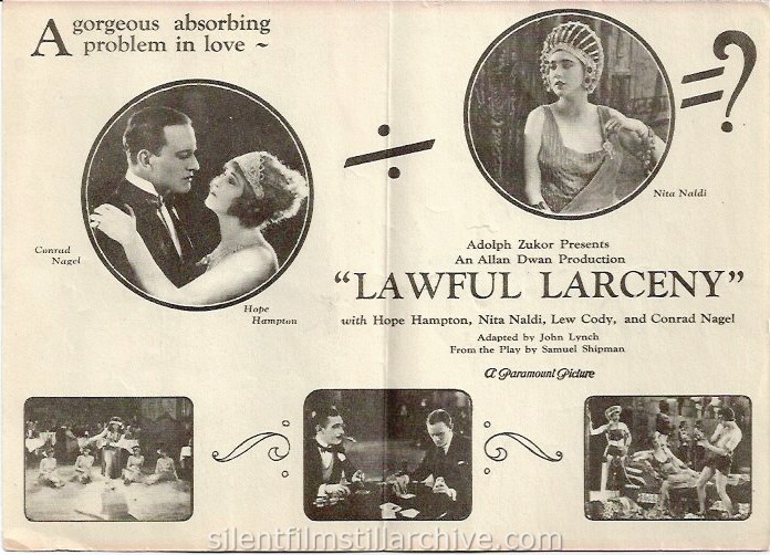 LAWFUL LARCENY (1923) advertising herald with Nita Naldi, Conrad Nagel and Hope Hampton