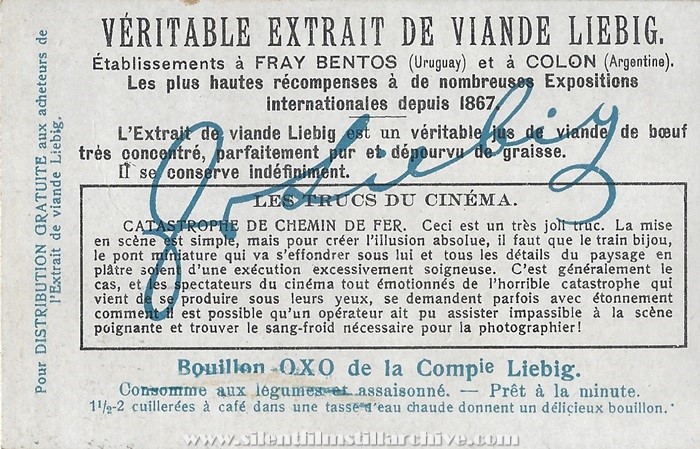 Liebig Tricks of Cinema advertising card for A RAILWAY COLLISION (1900)