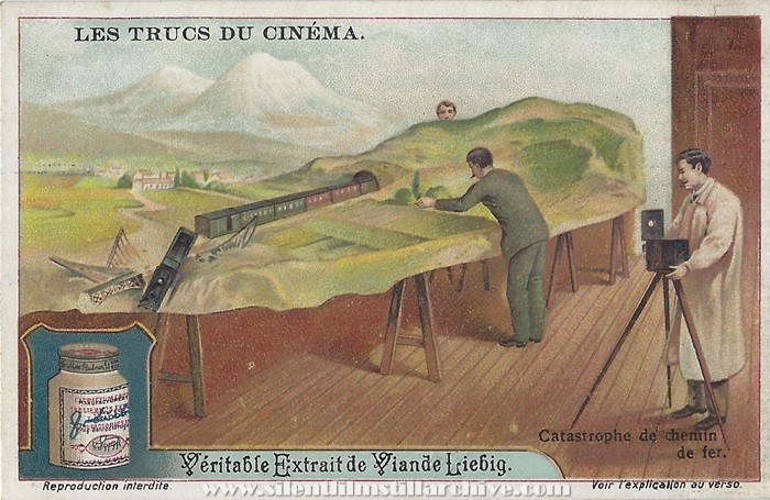 Liebig Tricks of Cinema advertising card for A RAILWAY COLLISION (1900)