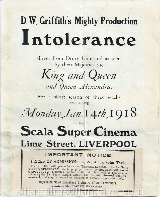 Scala Super Cinema program, Liverpool, England, December 31, 1917. INTOLERANCE (1916) is coming soon.