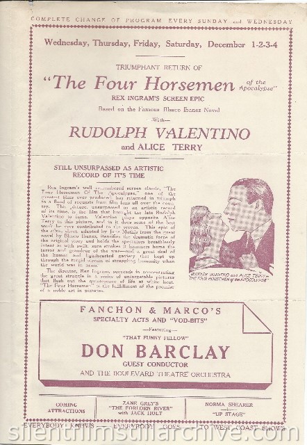 Los Angeles Boulevard Theatre program featuring THE FOUR HORSEMEN OF THE APOCALYPSE with Rudolph Valentino and Alice Terry