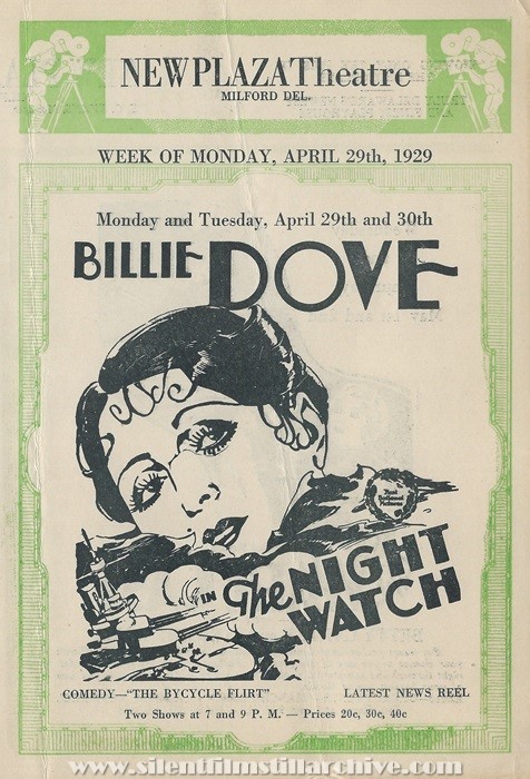 Milford, Delaware, New Plaza Theatre program for April 29th, 1929 showing THE NIGHT WATCH (1928) with Billie Dove