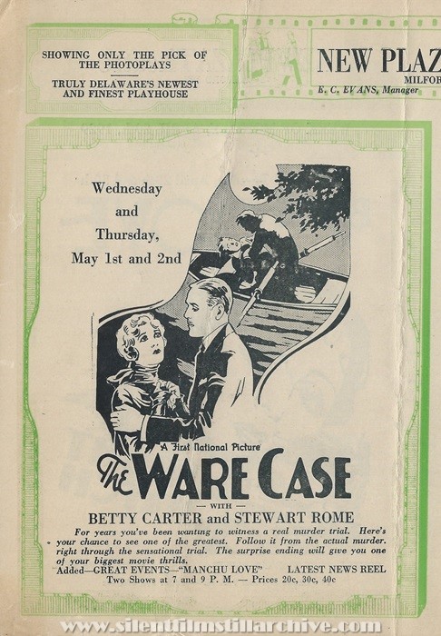 Milford, Delaware, New Plaza Theatre program for April 29th, 1929 showing THE WARE CASE (1928) with Clive Brook