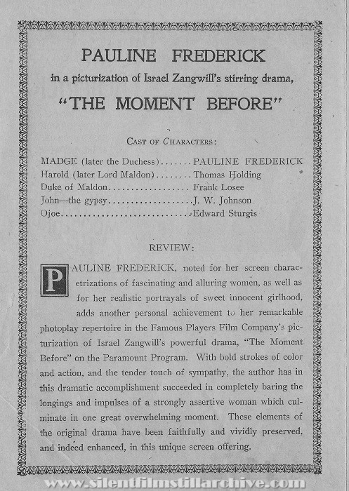 Advertising herald for THE MOMENT BEFORE (1916) with Pauline Frederick