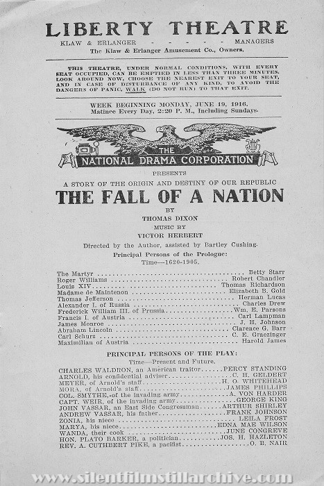 New York Liberty Theatre program for THE FALL OF A NATION (1916), week of June 19, 1916