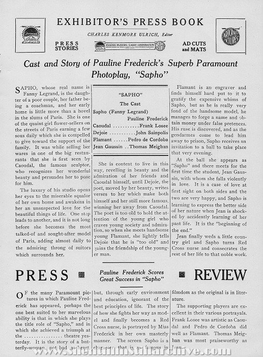 Pauline Frederick in SAPHO (1917) pressbook