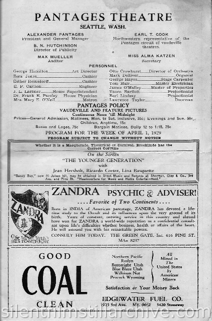 Seattle, Washington Pantages Theatre, April 1, 1929