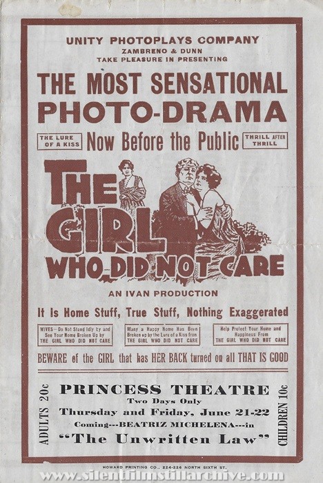 Herald for THE SEX LURE [THE GIRL WHO DID NOT CARE] (1916) with James Morrison and Louise Vale