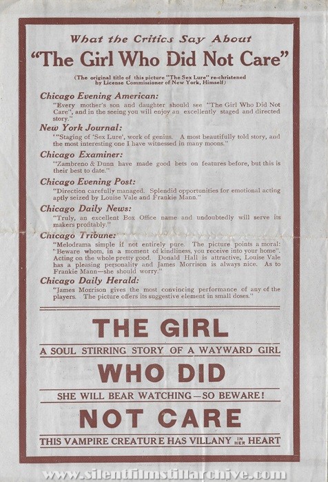 Herald for THE SEX LURE [THE GIRL WHO DID NOT CARE] (1916) with James Morrison and Louise Vale