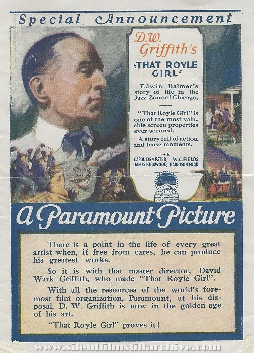 Advertising herald for D. W. Griffith's THAT ROYLE GIRL (1925)