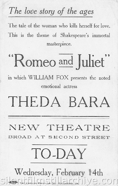 Theda Bara advertising card for "Romeo and Juliet" at the New Theatre in Richmond Virginia