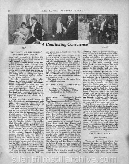 The Moving Picture Weekly, July 8, 1916, synopsis for A CONFLICTING CONSCIENCE with Wadsworth Harris and Maud Emory.
