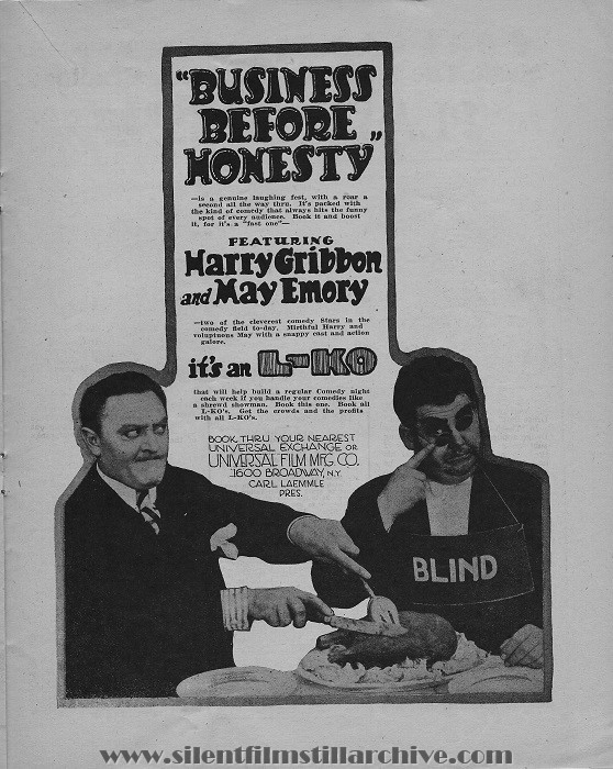 Moving Picture Weekly August 17, 1918 ad page for BUSINESS BEFORE HONESTY (1918)  with Harry Gribbon and Oliver Hardy