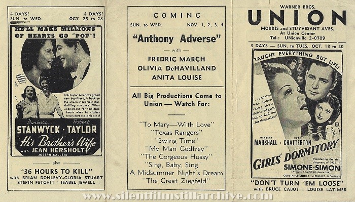 Union Theater, Union, New Jersey, program for the week of Octiber 18, 1936