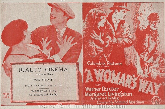 Advertising herald for A WOMAN'S WAY (1928) with Mary Livingston, Warner Baxter and Armand Kaliz from the Rialto Theatre in Bombay, India