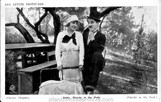 Edna Purviance and Charlie Chaplin in IN THE PARK (1915) Red Letter Photocard