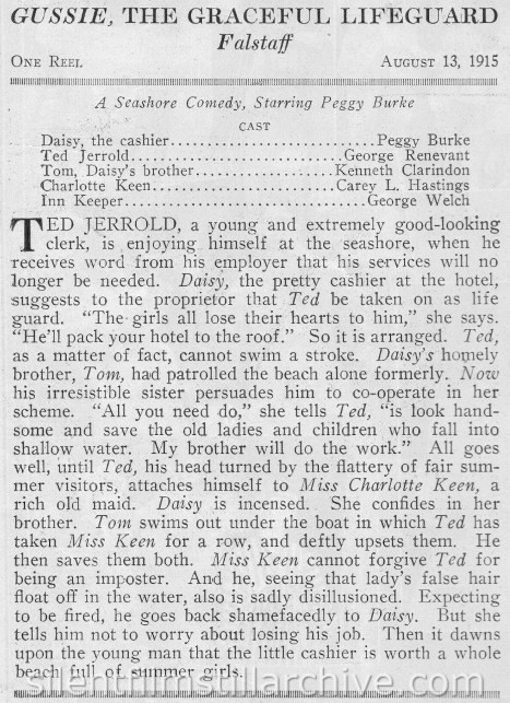 GUSSIE THE GRACEFUL LIFEGUARD (1915) synopsis from Reel Life magazine, August 7, 1915