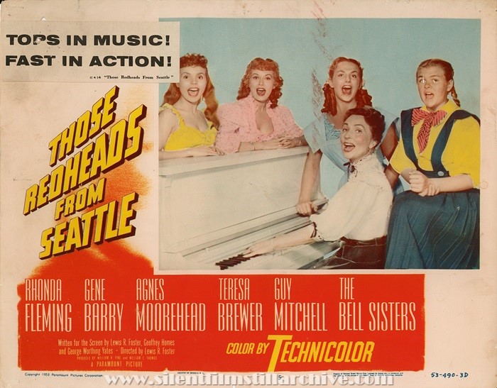 Lobby card for THOSE REDHEADS FROM SEATTLE (1953) with Teresa Brewer, Rhonda Fleming, Cynthia Strother, Agnes Moorehead, and Kay Strother