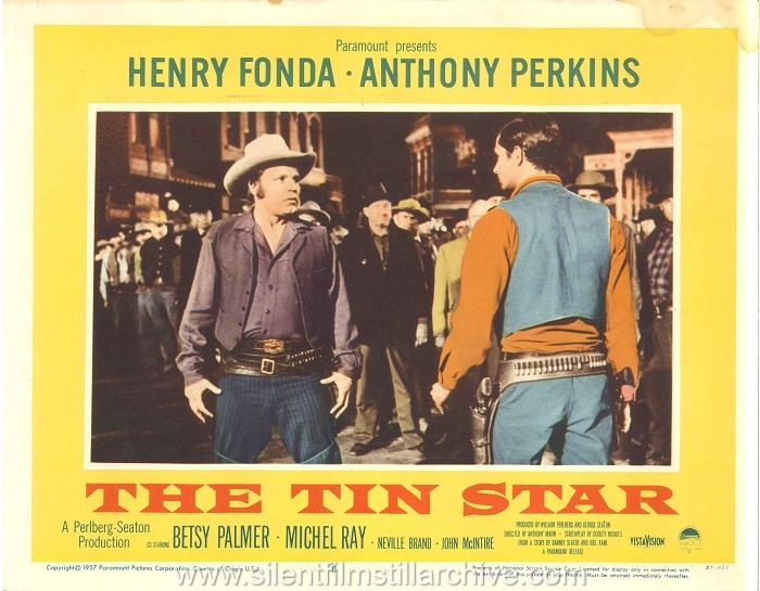 Lobby card for THE TIN STAR (1957) with Neville Brand and Anthony Perkins