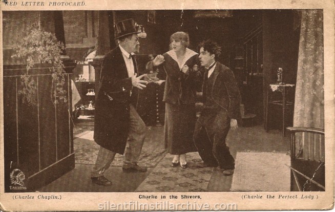 Edna Purviance and Charlie Chaplin in A WOMAN (1915) Red Letter Photocard