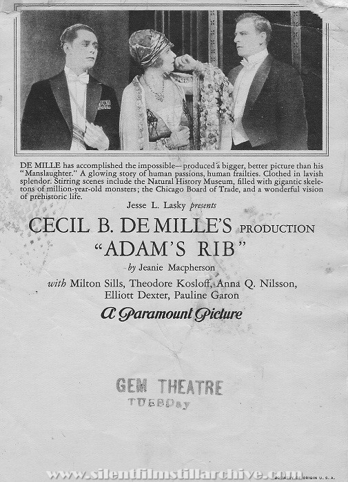 Herald for ADAM'S RIB (1923) with Theodore Kosloff, Anna Q. Nilsson, and Milton Sills