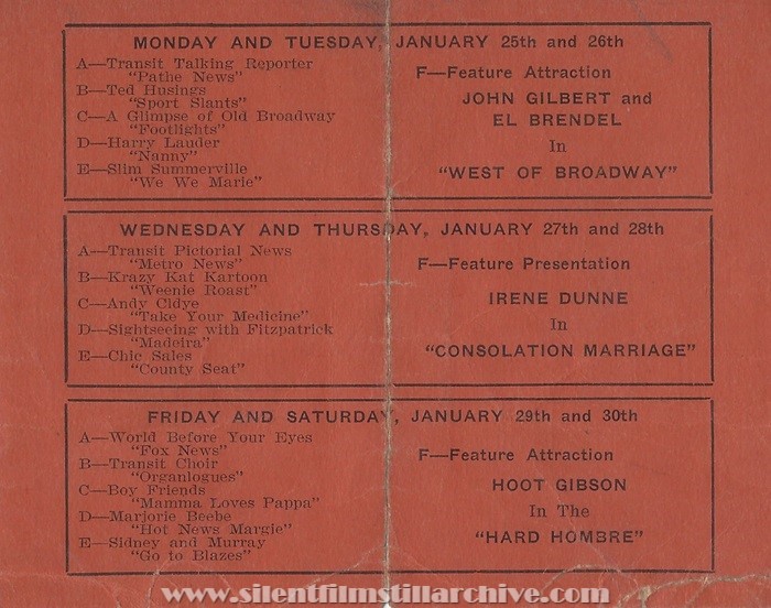 Program for the Transit Theatre in Allentown, Pennsylvania  for the week of January 25, 1932