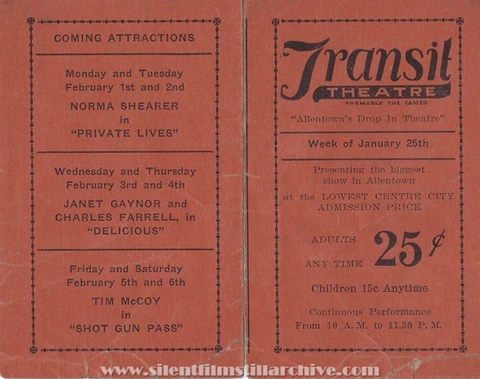 Program for the Transit Theatre in Allentown, Pennsylvania  for the week of January 25, 1932