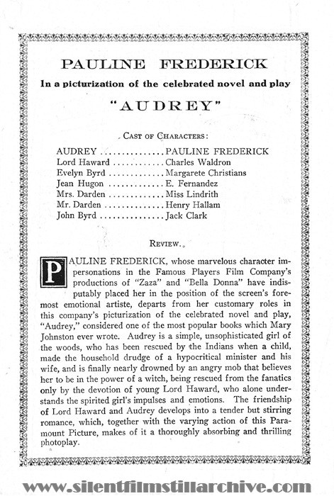 Herald for AUDREY (1916) with Pauline Frederick and Charles Waldron