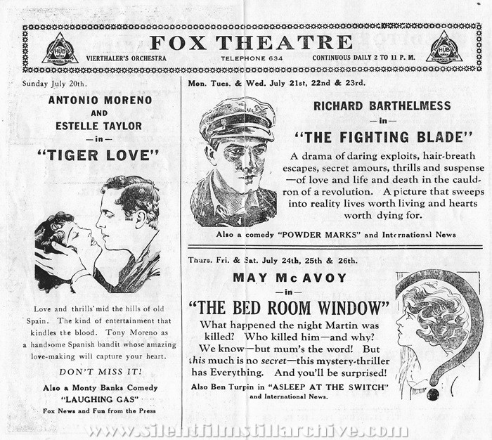 Program for the Rialto Theatre, Aurora, Illinois, July 20, 1924