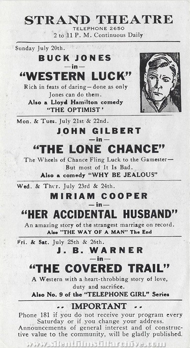 Program for the Strand Theatre, Aurora, Illinois, July 20, 1924