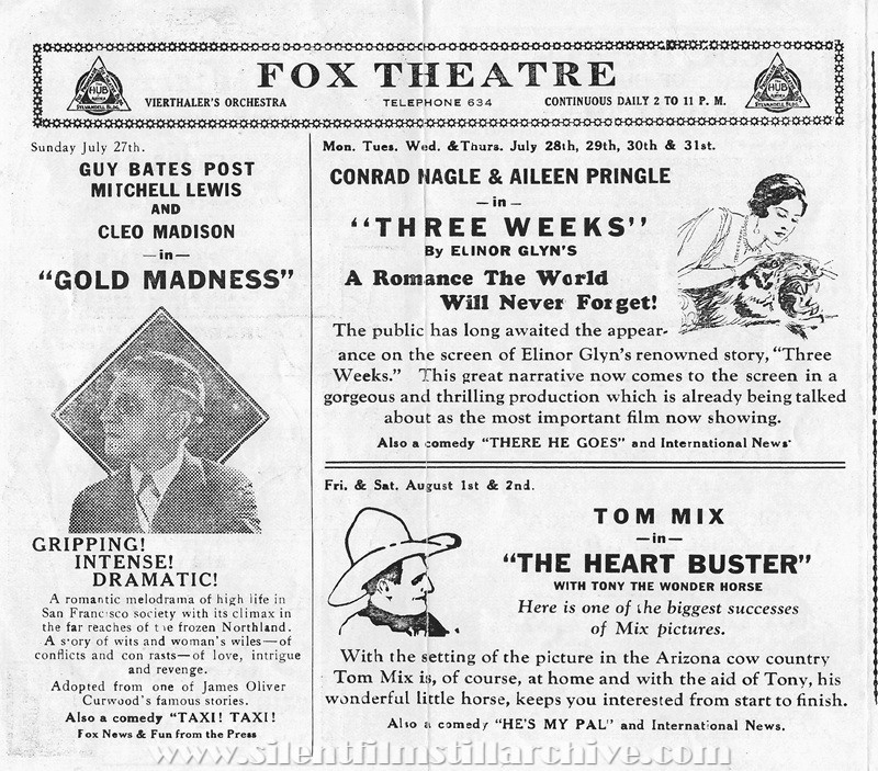 Program for the Fox and Strand Theatres, Aurora, Illinois, July 27, 1924