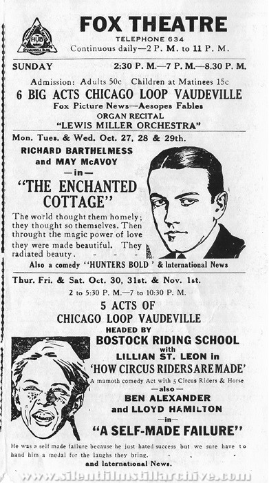 Program for the Fox Theatre, Aurora, Illinois, October 26, 1924